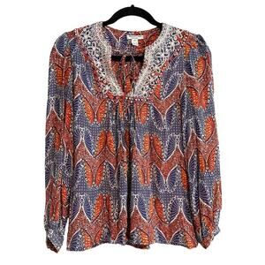 Nieves Lavi 100% Silk Embellished Beaded Boho Butterfly Peasant Top Size XS